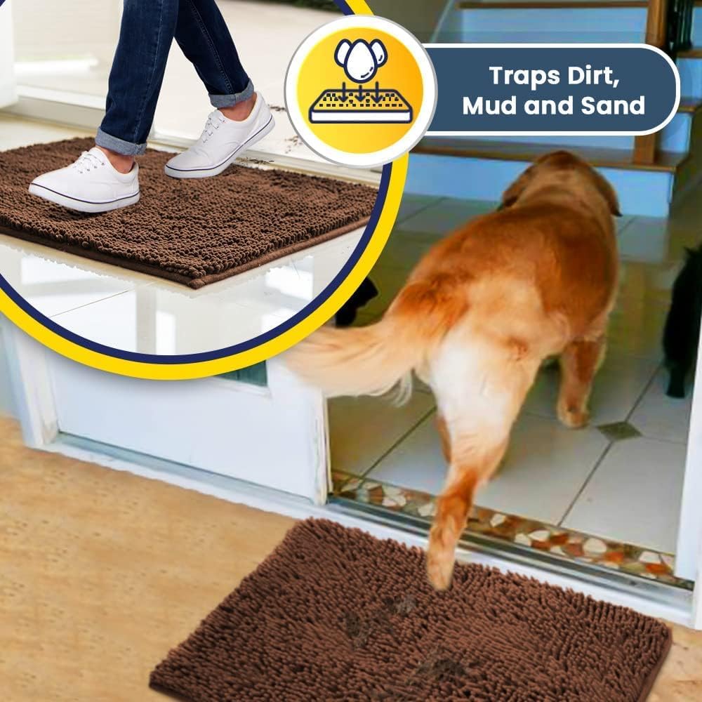 Muddy Mat® Pack of 3 Highly Absorbent Microfiber Dog Door Mat and Pet Rug, Non Slip Thick Washable Area Mat Soft Chenille for Kitchen Bathroom Bedroom and Outdoor - Brown Small, Medium & Large