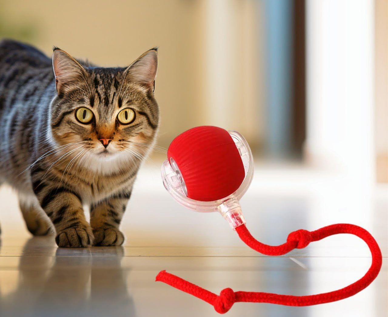 Interactive Rolling Cat Ball Toy [RED], LED Lights, for Indoor Adult Cats, Rechargeable, Smart Automatic Pet Ball, Speedy Tail/Rope, Fast on Carpet, Only for Active Cats