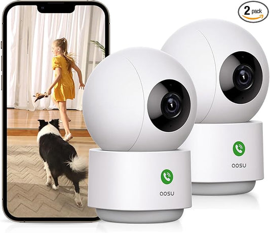 AOSU 2K Security Camera Indoor, Baby Monitor Pet Camera One-Touch Call, Smart Motion Tracking, IR Night Vision, Compatible with Alexa, 2 Pack