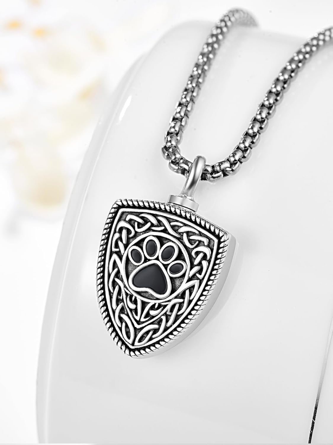 Pet Cremation Urn Necklace for Dog Cat Ashes 925 Sterling Silver Paw Print Keepsake Pendant Celtic Knot Memorial Jewelry for Women Men
