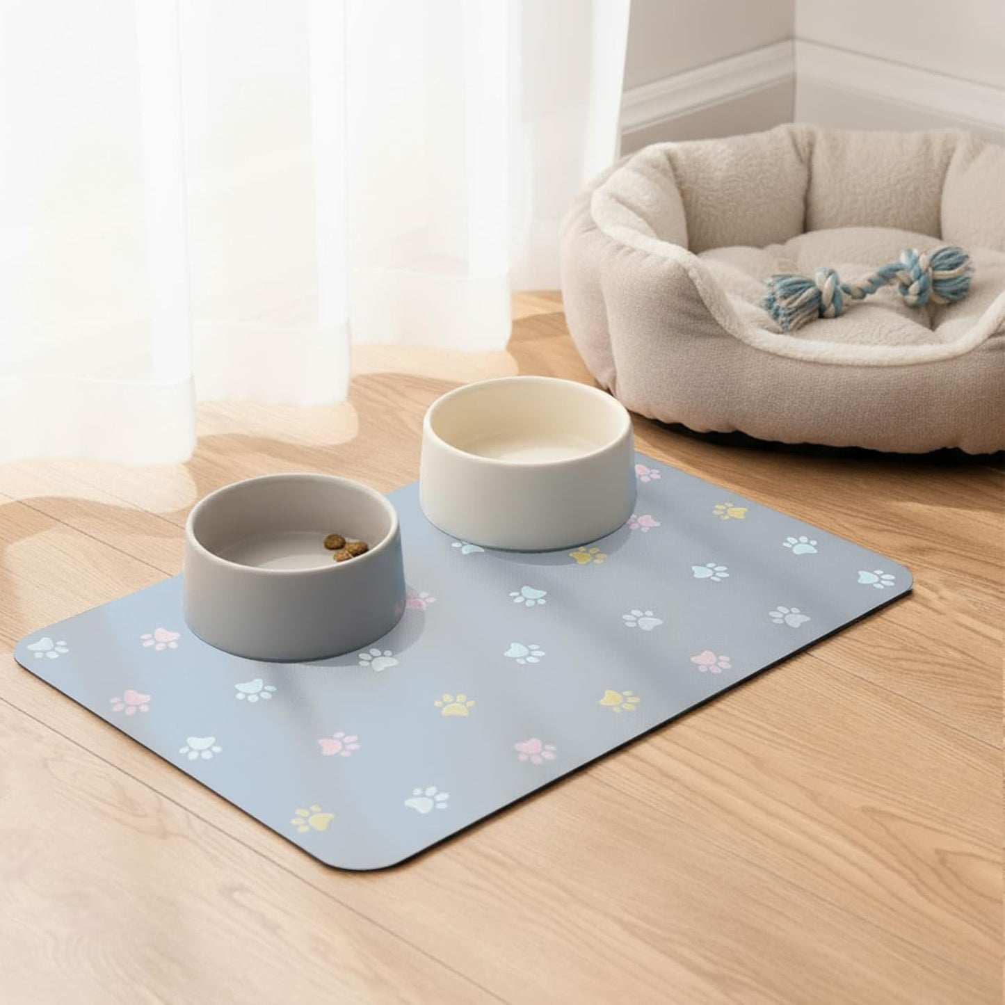 Cat Food Mat Absorbent Dog Mat for Food and Water Non Slip Quick Dry Dog Bowl Mats for Floors 19" X 12" Paw Light Gray