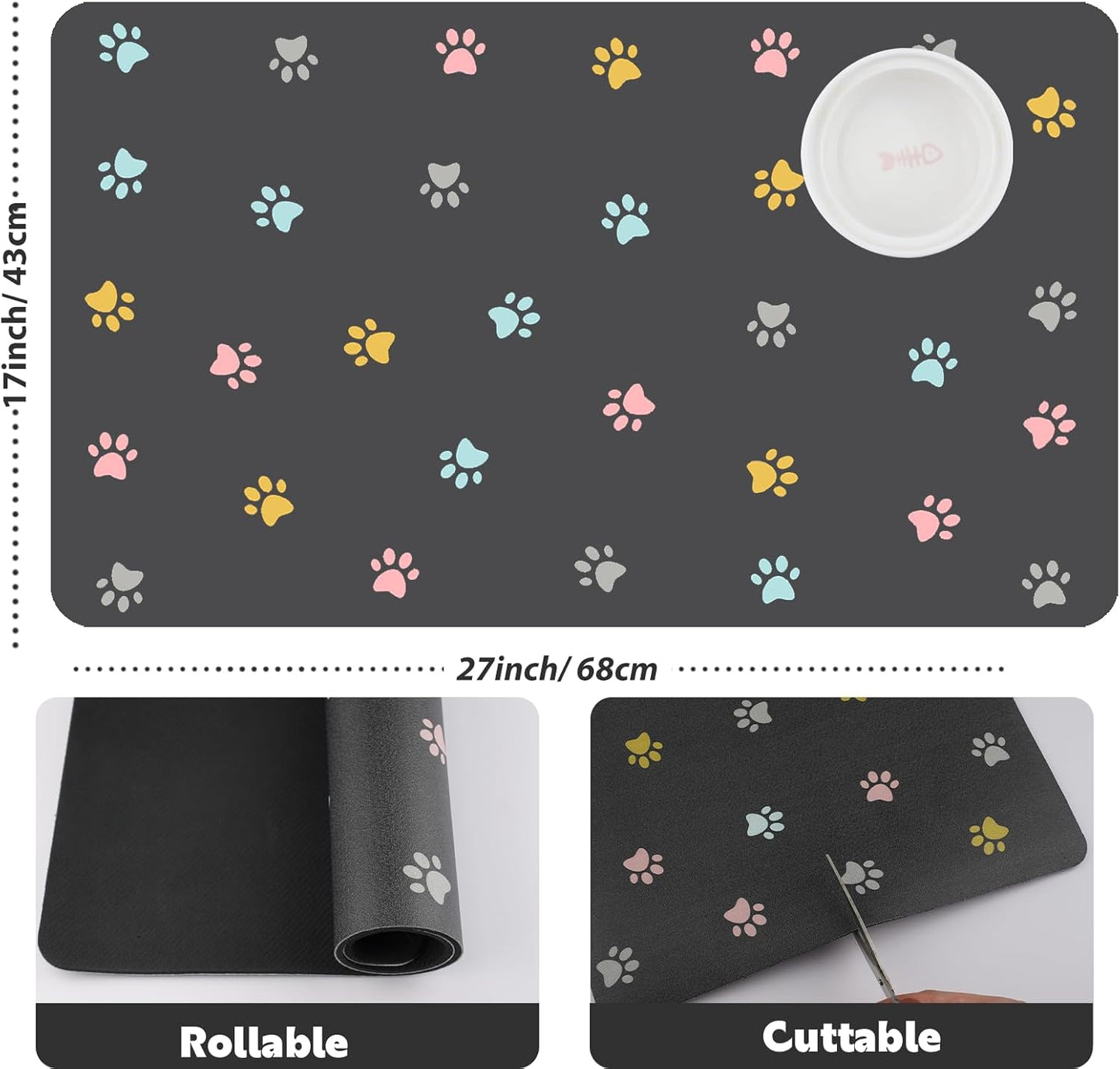 Pet Feeding Mat Absorbent Dog Mat for Food and Water Non Slip Quick Dry Dog Bowl Mats for Floors 27" X 17" Paw Dark Gray