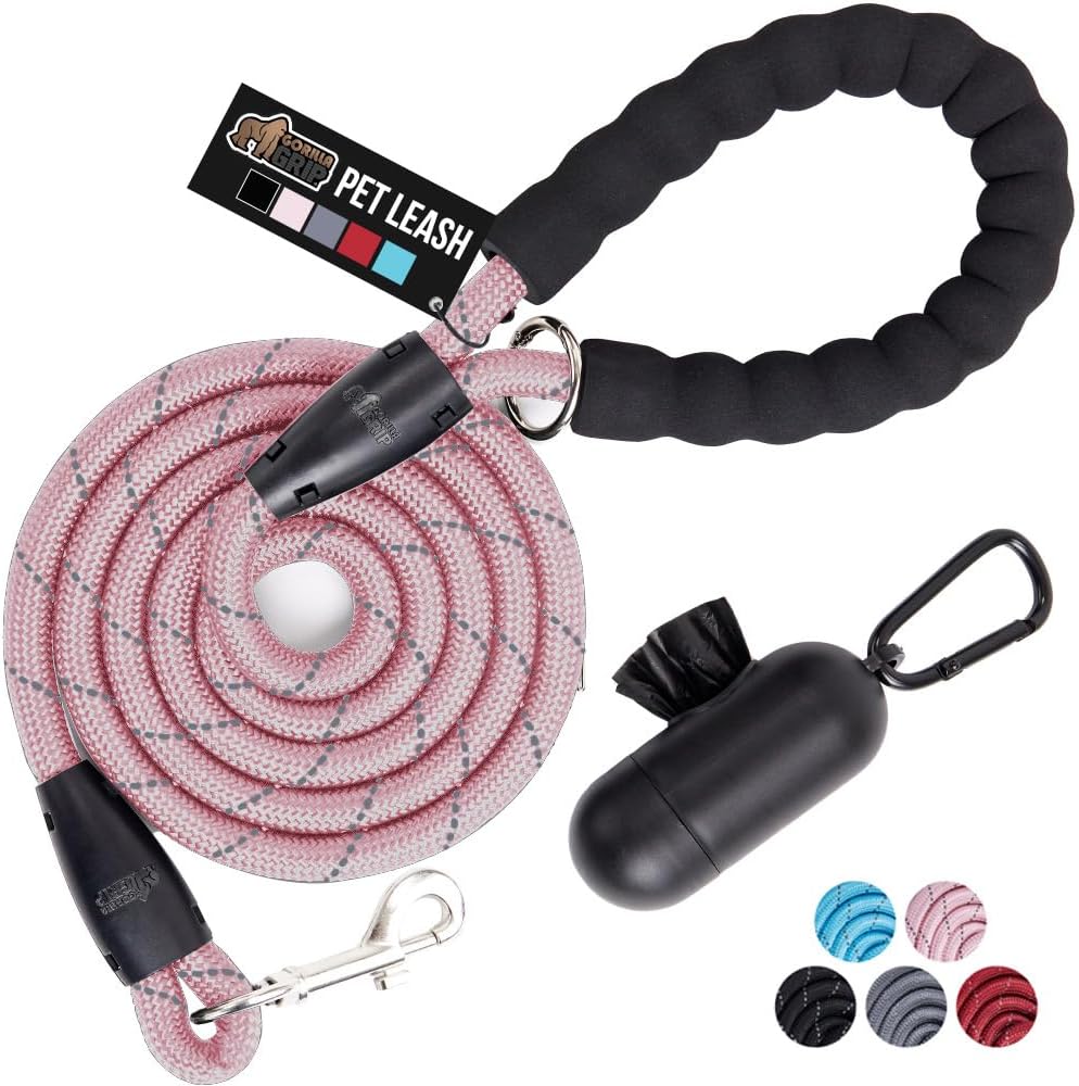 GORILLA GRIP Dog Leash, Heavy Duty Reflective Rope Leashes for Large, Medium, Small Breed Dogs, Puppy Training Essential for Walks, Hikes, Soft Handle, Rotating Metal Clip, Waste Bag Dispenser, Pink