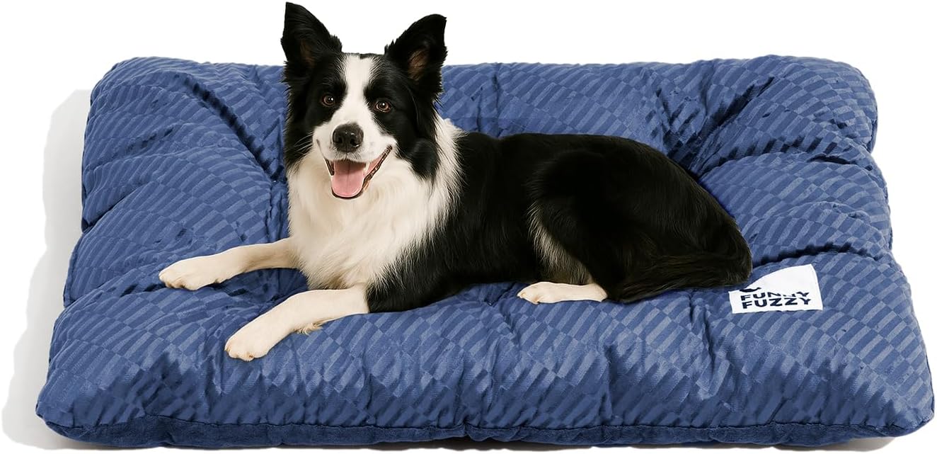 FUNNY FUZZY 42x28 Washable Dog Bed Crate Mat, 2 in1 Pet Pillow Sleeping Bed, Fluffy Deluxe Kennel Mattress for X-Large Dog and Cat,Charcoal Grey,XL,Midnight Blue