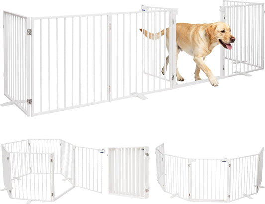 156" Dog Gate Extra Wide, Heavy Duty Metal Freestanding Dog Gate with Door for Indoor & Outdoor, Foldable Pet Fence for Doorways,House,Porch,Deck,Yard,Stairs, Auto Close(6 Panels,White)