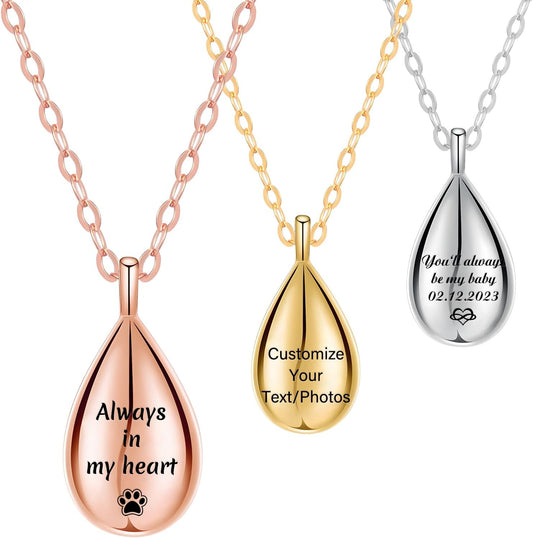 HJX Personalized Cremation Jewelry Memorial Necklace for Ashes-Custom Urn Necklaces for Ashes with Text,Gift for Women Men Loved Ones(Teardrop)