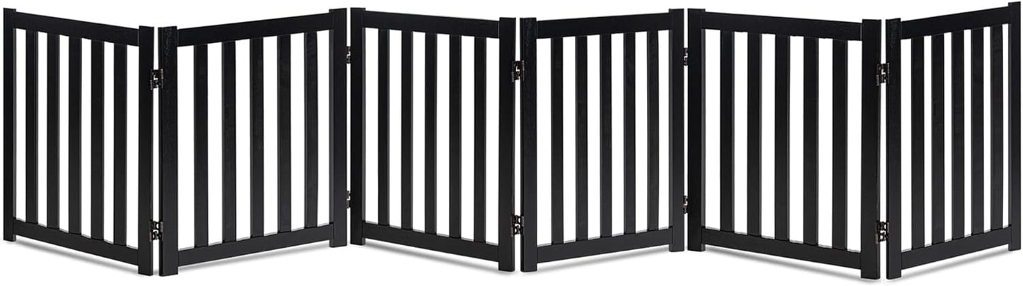 LZRS 6-Panel Extra-Wide Freestanding Wooden Dog Gate Indoor – 24”High Foldable Safety Pet Barrier for Doorways, Hallways, Kitchens, and Long Staircases, Durable Design fit Small to Medium Dogs, Black