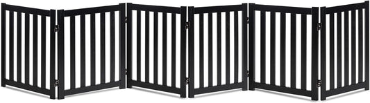 LZRS 6-Panel Extra-Wide Freestanding Wooden Dog Gate Indoor – 24”High Foldable Safety Pet Barrier for Doorways, Hallways, Kitchens, and Long Staircases, Durable Design fit Small to Medium Dogs, Black
