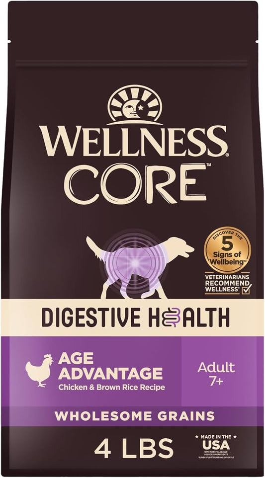 Wellness CORE Digestive Health Senior Dry Dog Food, Wholesome Grains, Natural, Recipe for Dogs with Sensitive Stomachs, Age Advantage Chicken & Brown Rice, (4-Pound Bag)