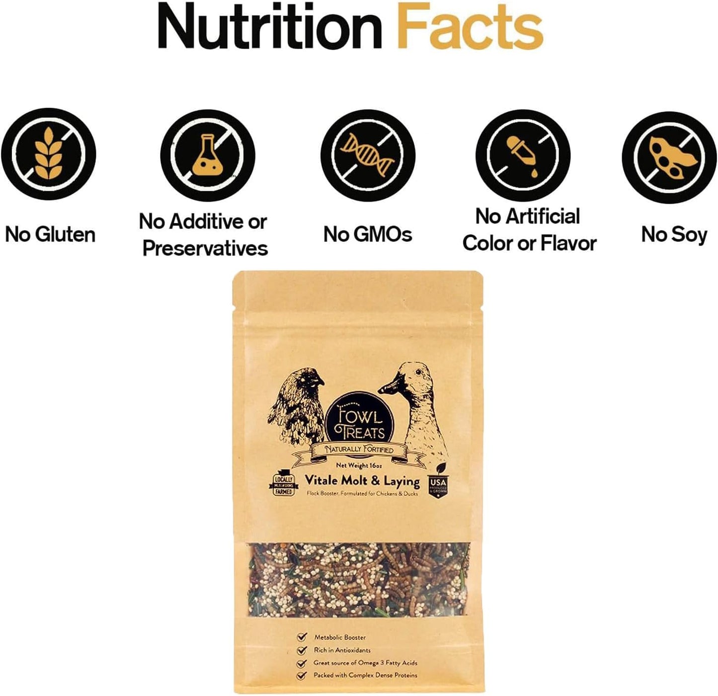 Naturally Fortified Flock Booster - Concentrated Protein and Flora Supplements Suitable for Hens and Ducks, Hand Mixed USA Grown Ingredients – Vitale Molt & Laying – 16oz