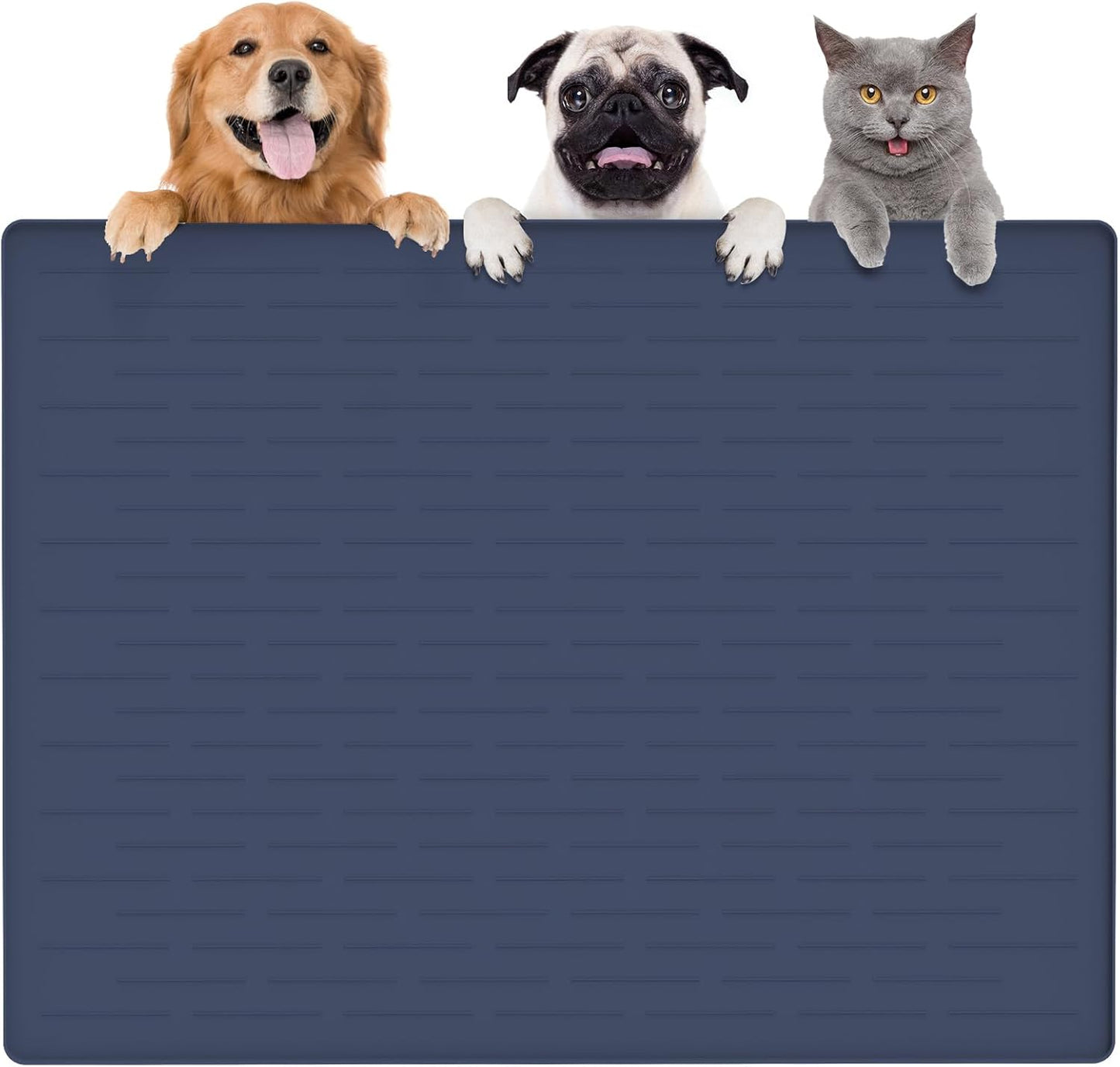 Largest Dog Food Mat, 39.5"x29.5" Silicone Dog and Cat Mat for Food and Water Bowls, Thinken Waterproof Non-Slip XXXL Pet Feeding Mat for Floors (Dark Blue)