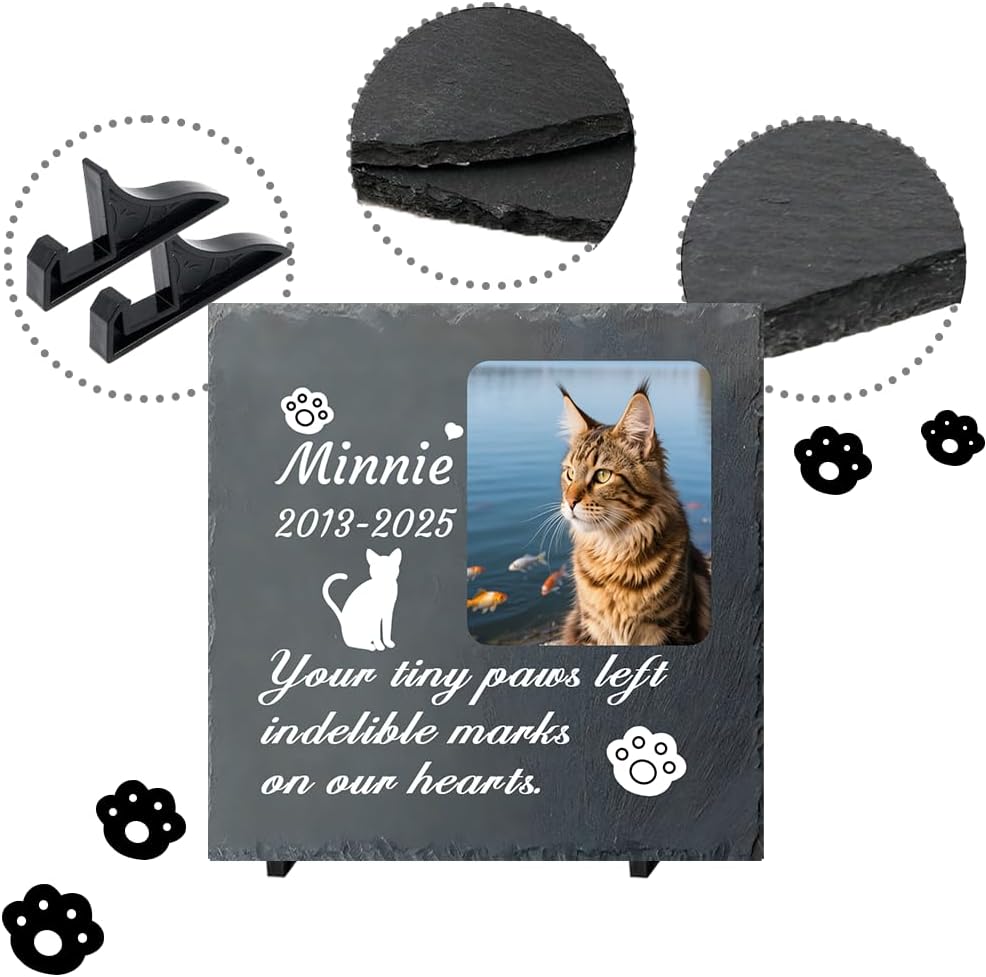 Custom Pet Memorial Stone - Personalized Cat Grave Marker with Name & Photo - Sympathy Gifts for Loss of Beloved Pet - Cemetery Decor - Rainbow Bridge Memorial for Cats (Style H)