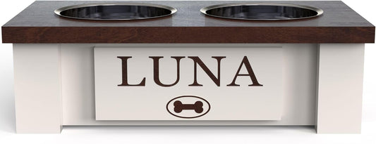 GrooveThis Woodshop - Personalized Elevated Dog Bowl Stand for Large, Medium, Small, X-Small Dogs - Stainless Steel Food and Water Bowls - Raised Dog Dish with Internal Storage (X-Small, Dark Walnut)