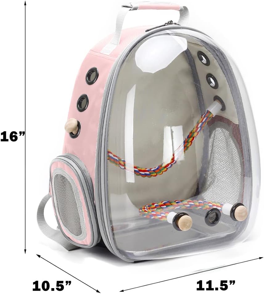 Bird Traval Carrier Cage, Clear Space Capsule Astronaut Backpack to Carry Parakeet Cockatiel Parrot with Metal Tray Wood Perch, Vet Transport Bag