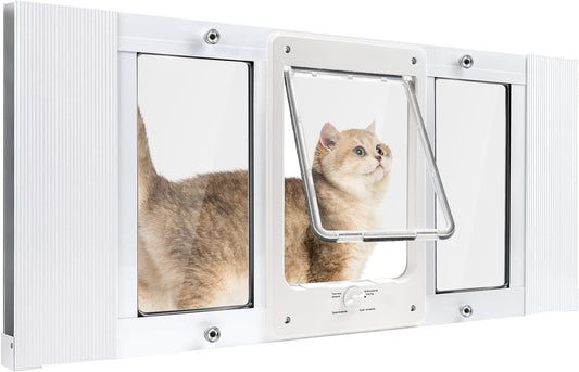 Full-Size Window Pet Door for Cat&Small Dog, Fits 24"-28" Width Windows, Quick-Fit Cat Door Window Insert, 4 Locking Mechanisms, Magnetic Closure Cat Window Door, Aluminum Frame Pet Door for Window