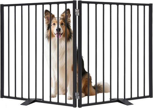 52" Dog Gate Extra Wide, Heavy Duty Metal Freestanding Dog Gate with Door for Indoor & Outdoor, Foldable Pet Fence for Stairs, Doorways,House,Porch,Deck,Yard, Auto Close(2 Panels,Black)