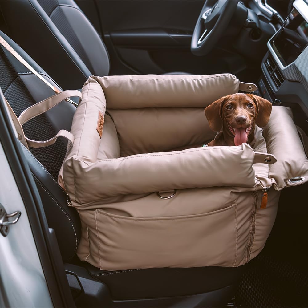 FUNNYFUZZY Dog Car Seat for Medium Sized Dogs, Waterproof 3 in 1 Soft Leather Dog Car Bed for Travel and Home,Portable and Safety,Fits Pets Up to 35 lbs(Khaki)
