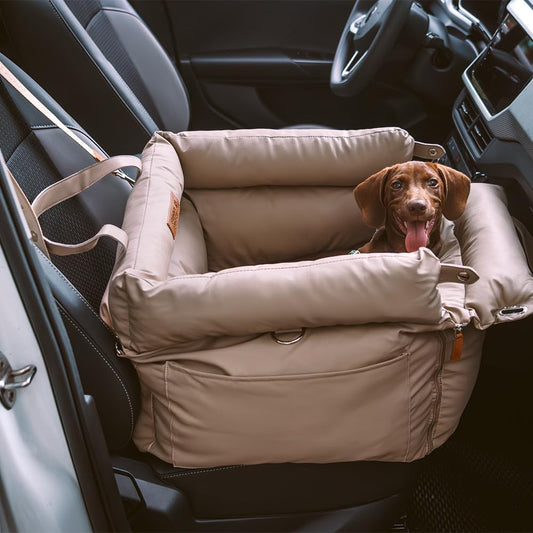 FUNNYFUZZY Dog Car Seat for Medium Sized Dogs, Waterproof 3 in 1 Soft Leather Dog Car Bed for Travel and Home,Portable and Safety,Fits Pets Up to 35 lbs(Khaki)