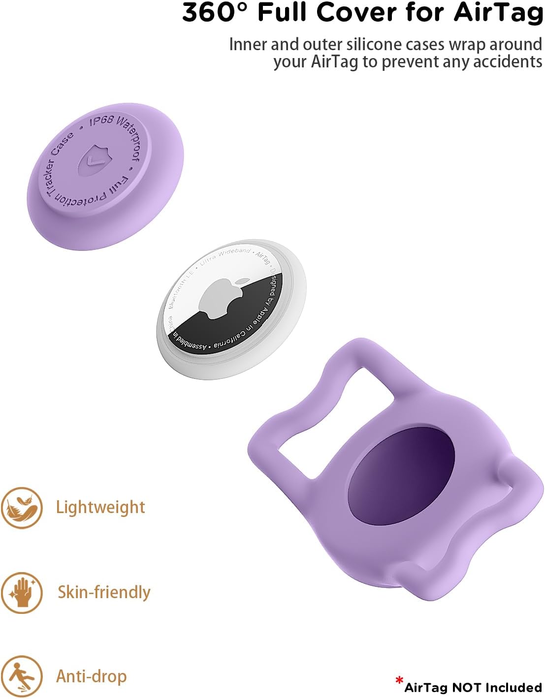 IP68 Waterpoof Dog Airtag Holder, Stretchy Silicone Full Body Covered Apple Air Tag Holder for Dog Cat Collar Fit All Width Collar (Purple, 1 Pack)