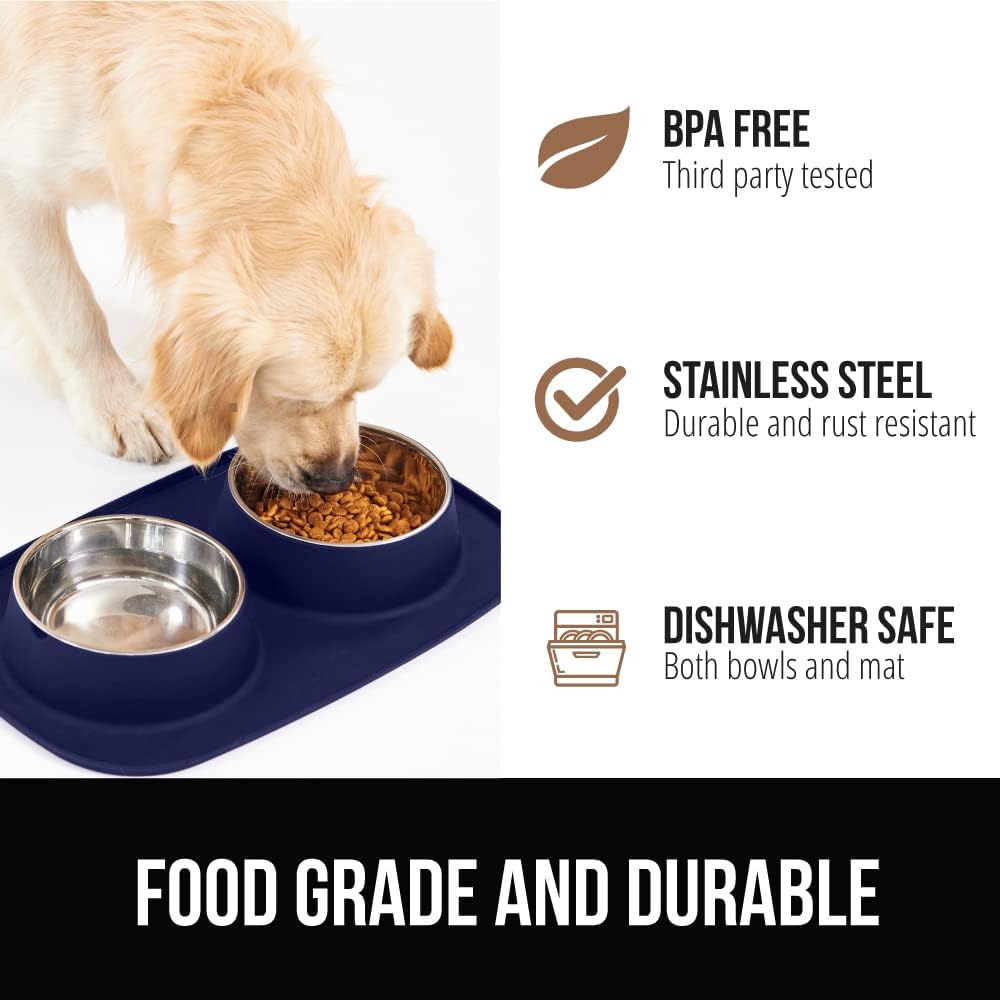 GORILLA GRIP Feeding Mat Set, 4 Cup, Patent Pending 100% Waterproof BPA Free Silicone, Stainless Steel Cat and Dog Bowls, Slip Resistant, Edges Catch Water Food, US Designed Pet Accessories, Navy Blue