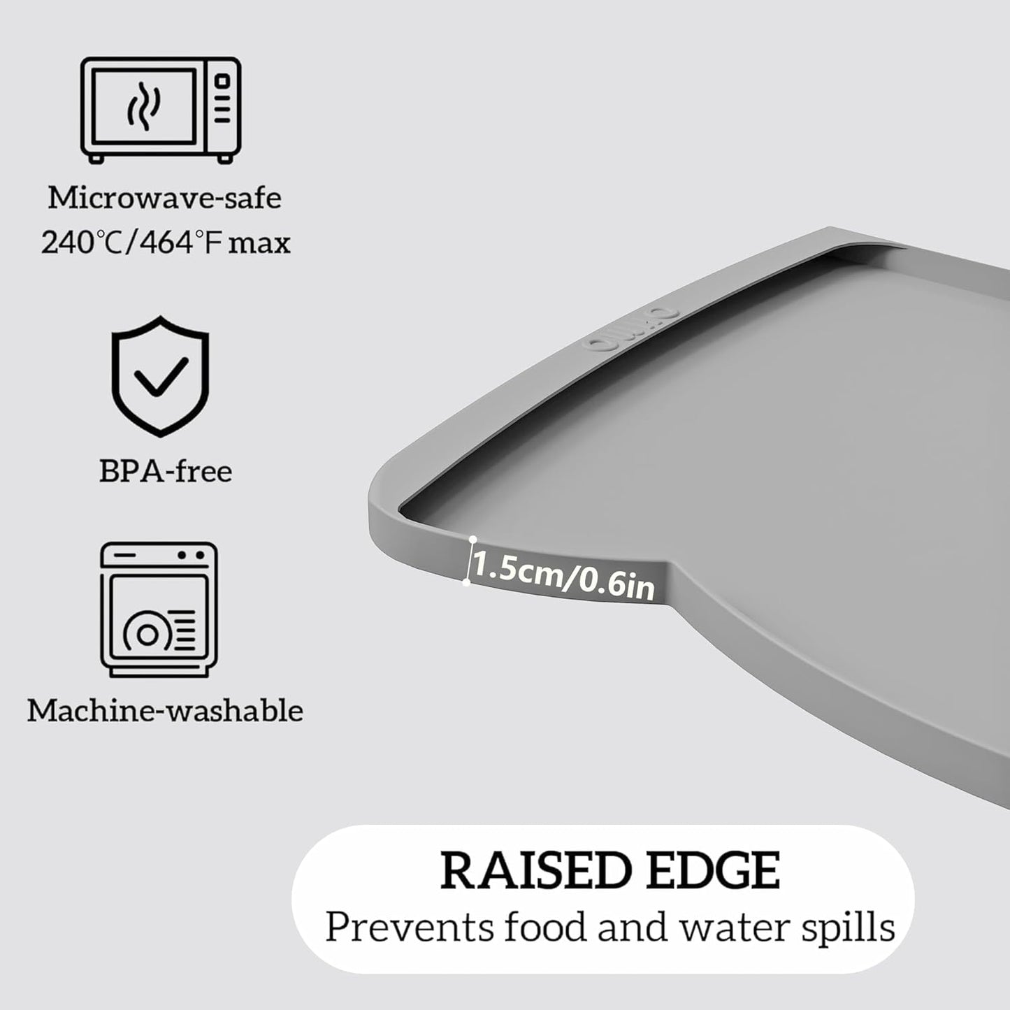 OHMO Dog Food Mat(Ash Light Grey, 24 * 15'') w/Residue Collection Pocket Silicone Pet Feeding Mat for Floor High Edges Anti Spills Waterproof Cat Water Bowl Tray, Easy Clean Placemat