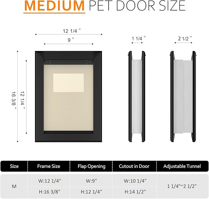 [Classicmacher] Heavy Duty Dog Door with Double Sliding Lock Panel, Aluminum Large Doggie Door for Exterior Door, Magnetic Double Flaps Do g Door Medium Dog (Medium,Black)