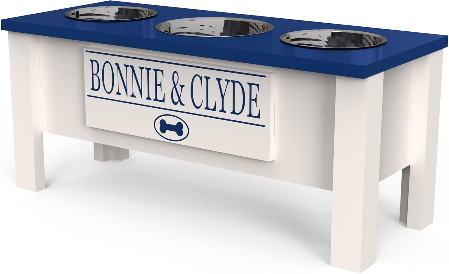 GrooveThis Woodshop - Personalized Elevated Triple Dog Bowl Stand for Large, Medium, Small, X-Small Dogs - 3 Stainless Steel Food and Water Bowls - Raised Dog Dish with Internal Storage (Large, Blue)