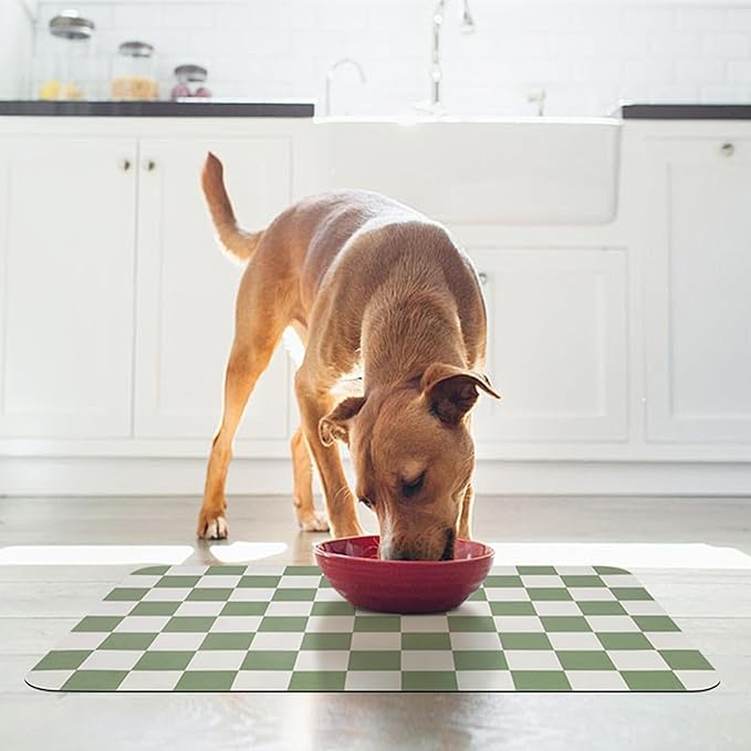 Checkered Pet Feeding Mat, Absorbent Dog Mat for Food and Water Bowls Dispenser 16" x 24" Green