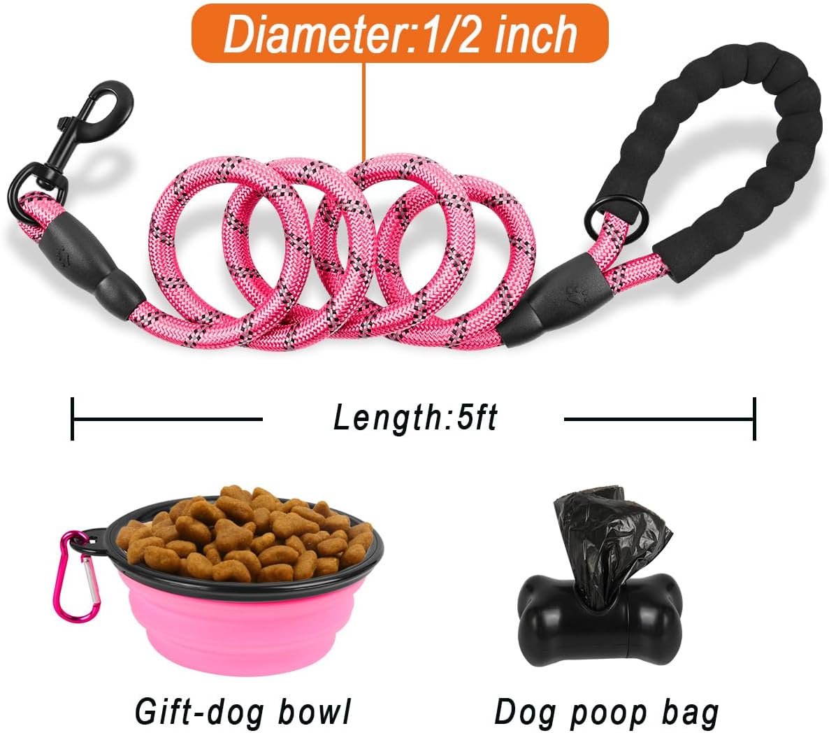 BARKBAY Dog Leashes for Large Dogs Heavy Duty Dog Leash 4/5/6 FT with Comfortable Padded Handle and Highly Reflective Threads for Medium Large Dogs Walking Training Running (5FT-1/2'',Pink)