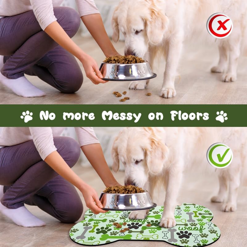 Dog Food Mats for Floors Waterproof, Pet Feeding Absorbent Water Bowl Mat Cat Placemats Green Bone Shape 23.6 * 15.7 inch
