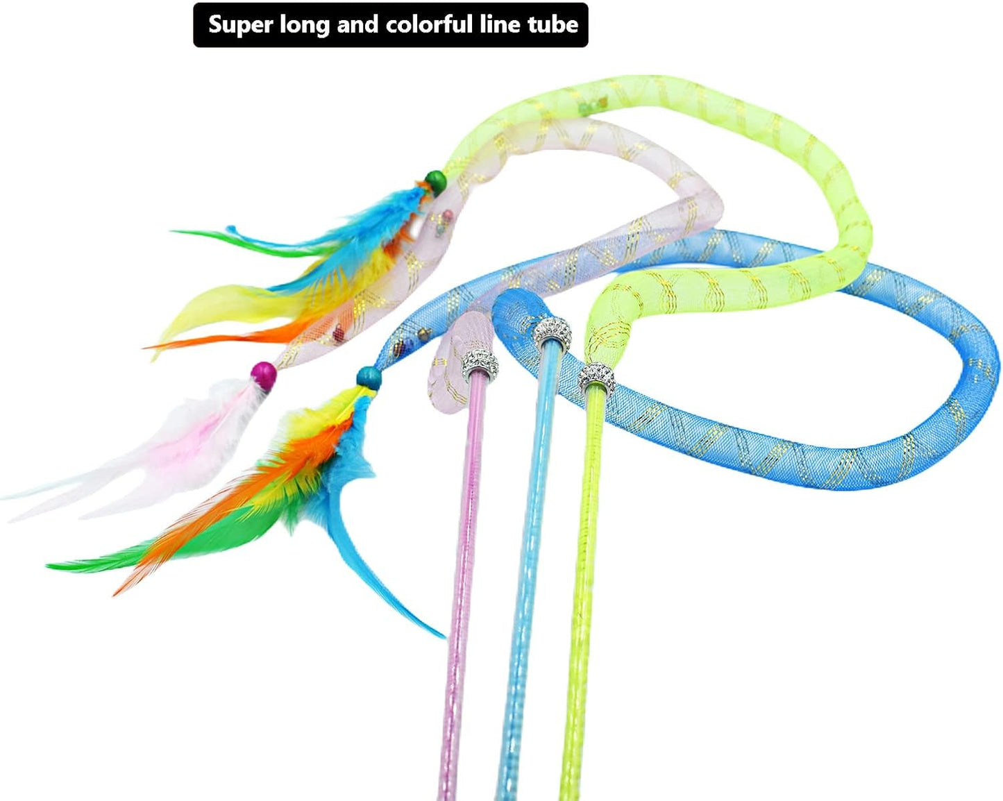 IUHKBH Cat Wands, 3 PCS Soft Line Tube Teaser Wands Colorful Feather Wands with Bell Interactive Cat Toys