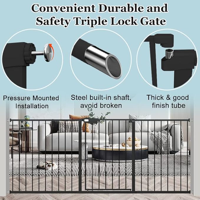 WAOWAO Triple Lock Baby Gate Extra Wide 31.1-35.04" Pressure Mounted Walk Through Swing Auto Close Safety Black Metal Dog Pet Puppy for Stairs,Doorways,Kitchen