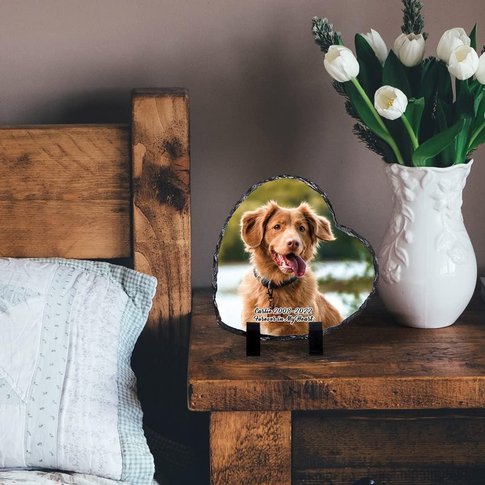 Bemaystar Customized Rock Slate Photo Frame- Personalized Picture Memorial Plaque, Creative Heart Shaped Picture Frame Gift for Couples Families Friends 7.9x7.9