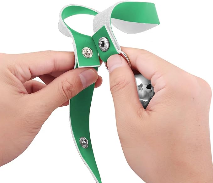 Leather Dog Doorbells for Door Knob/Potty Training/Go Outside, Length Adjustment Copper Dog Bell, Housetraining Hanging Bell, Green Leather Silver Bells.