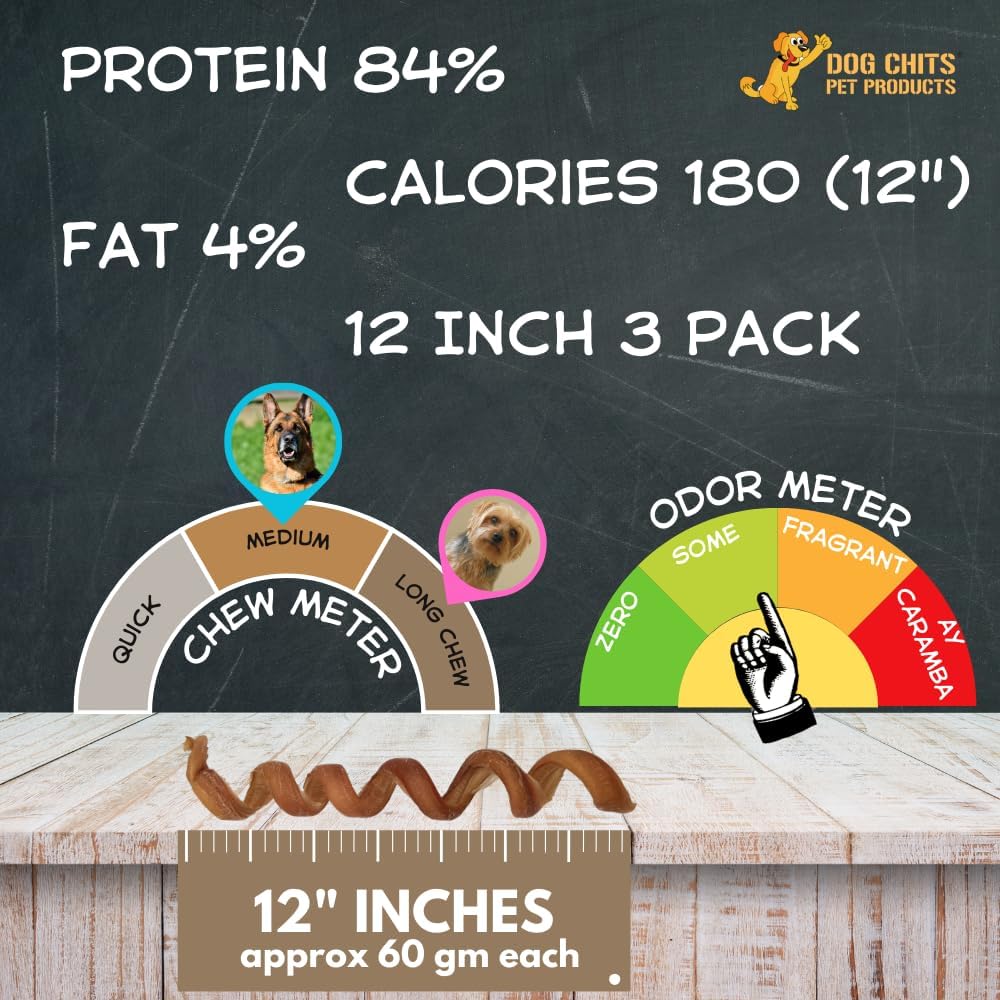 Dog Chits Curly Bully Sticks for Dogs and Puppies | 12-inch | All Natural, Treats | Long Lasting Chew | Promotes Dental Health | Keeps Pups Busy | Grass Fed Beef | 3 Pack