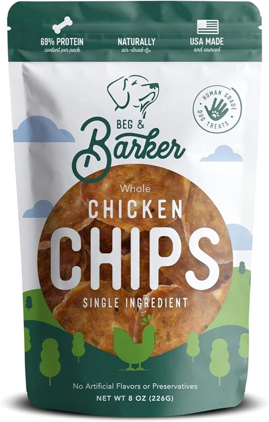 Beg & Barker Chicken Chips for Dogs (8oz, Pack of 1) - Single Ingredient Dog Treats Made for Small and Large Dogs Protein Human Grade Dog Treats Made from Real Meat Chicken, Made in USA