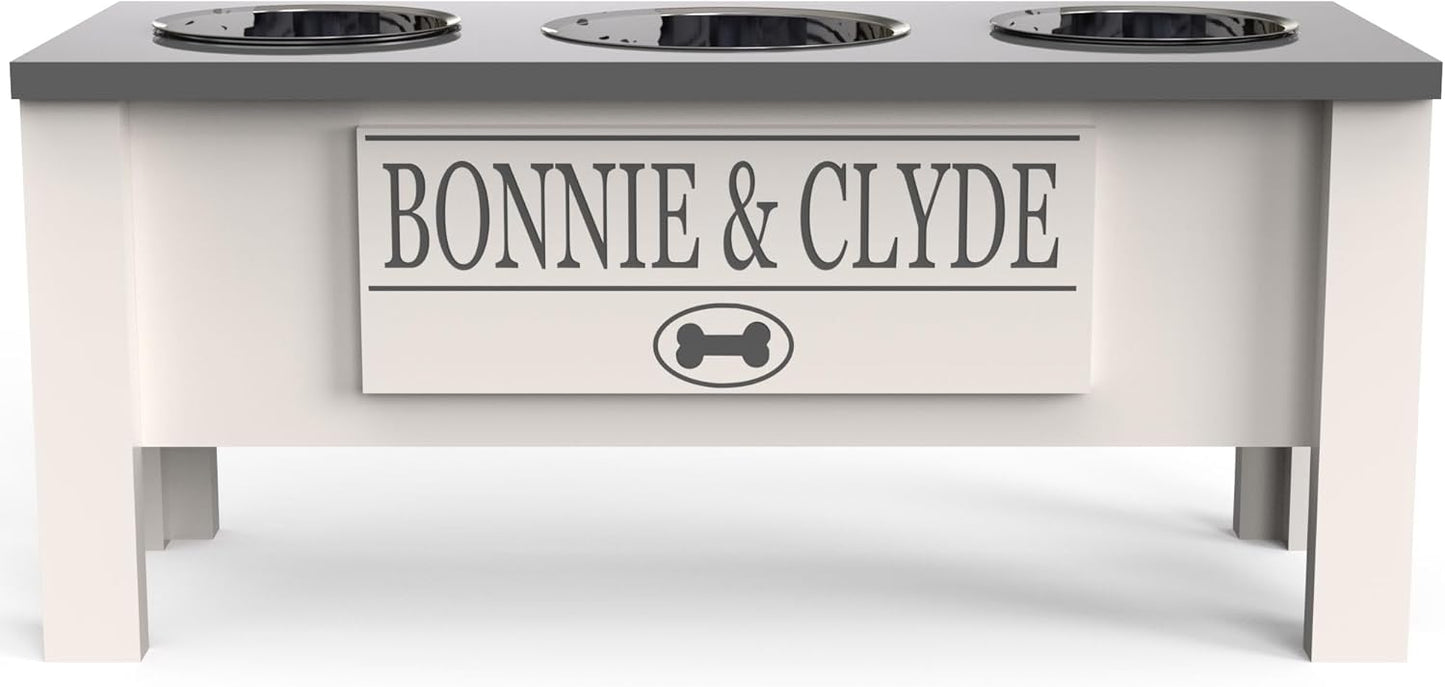 GrooveThis Woodshop - Personalized Elevated Triple Dog Bowl Stand for Large, Medium, Small, X-Small Dogs - 3 Stainless Steel Food and Water Bowls - Raised Dog Dish with Internal Storage (Large, Grey)