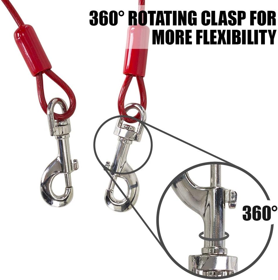 BV Dog Tie Out Cable 30 Feet - Heavy Duty Dog Lead Up to 125 Pounds - Reflective & Rust-Free with Quick Release Swivel Clips & 360° Rotating Clasp - Tangle-Free Dogs Runner for Yard (Red, Pair)
