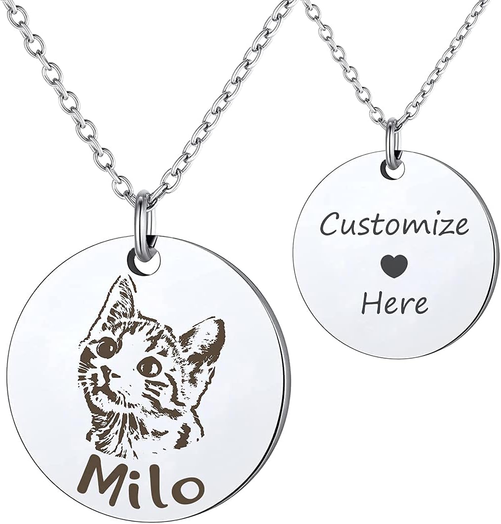 Pet Portrait & Name Necklace - Customized Photo Engraved Memorial Necklace for Cat Dog Animal Lover, Dog Mom - Birthday Gift
