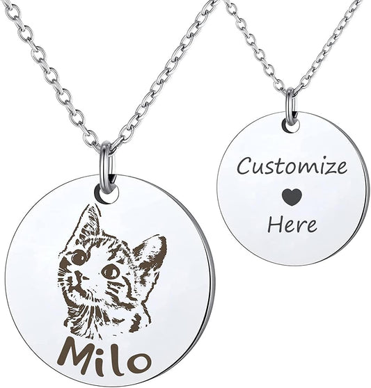 Pet Portrait & Name Necklace - Customized Photo Engraved Memorial Necklace for Cat Dog Animal Lover, Dog Mom - Birthday Gift
