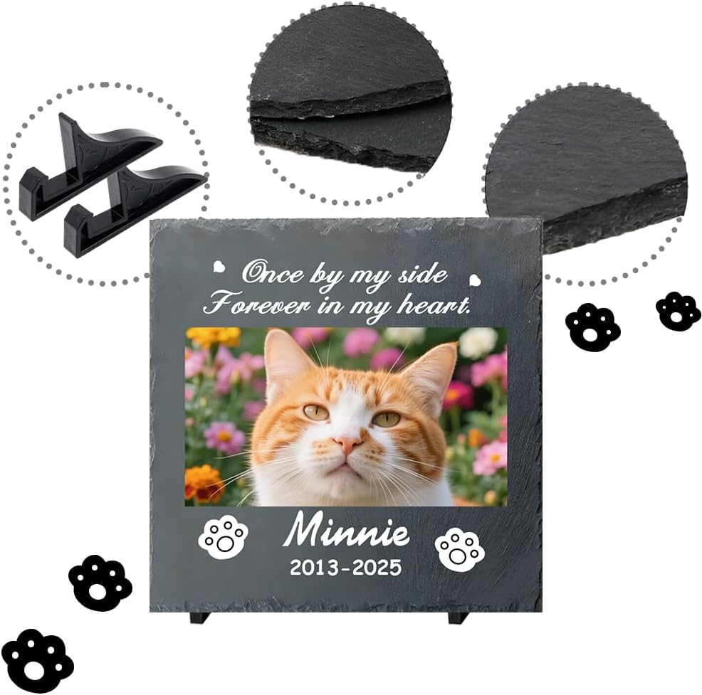 Custom Pet Memorial Stone - Personalized Cat Grave Marker with Name & Photo - Sympathy Gifts for Loss of Beloved Pet - Cemetery Decor - Rainbow Bridge Memorial for Cats (Style G)