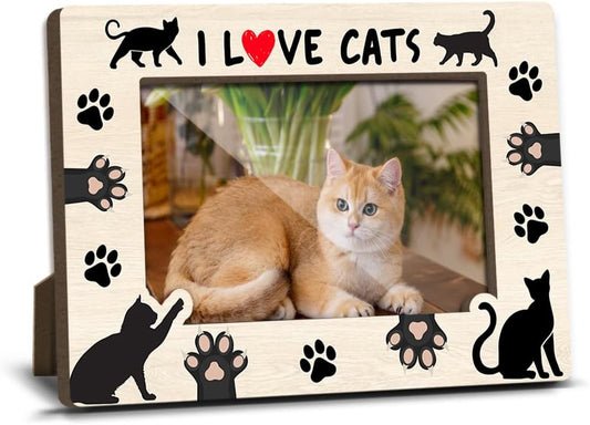 I Love Cats Wooden Picture Frames Present for Cat Lover Pet Owner Women Girls Friends Kitten Memorial Keepsake Home Office Living Room Tabletop Decor Picture Picture Frames 4x6 Photo - YY024