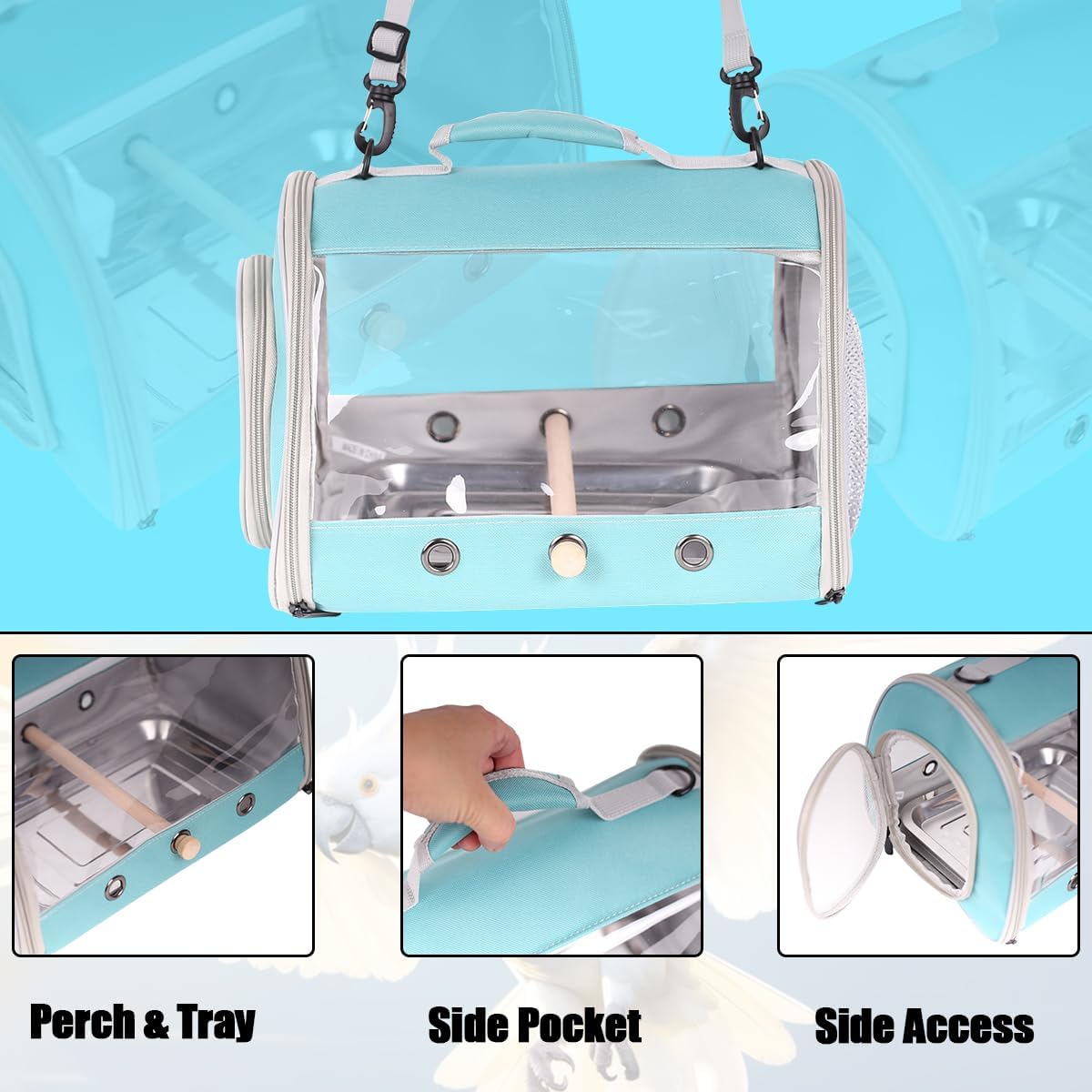 Long Tail Portable Bird Travel Carrier Cage with Metal Tray Soft Mat and Wooden Standing Perch, Hands Free Lightweight Clear 2 Windows Carry Bag for Parakeet Budgies Cockatiel Transport to Vet