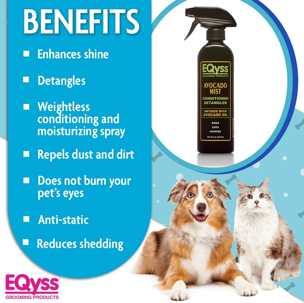 EQyss Avocado Mist Pet Spray Conditioner - Shines, Conditions, and Reduces Shedding, Weightless Leave in Spray - for Dogs, Cats, Puppies - Oil and Silicone Free, pH Balanced, USA Made
