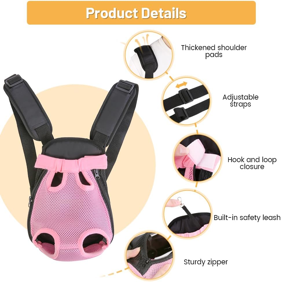 Inspack Dog Backpack Carrier/Cat Carrier, Adjustable Pet Front Carriers Travel Bag for Puppy Medium Dogs, Legs Out, Soft Ventilated Doggie Chest Carry Backpacks for Hiking/Camping, 4-7 lbs, Pink