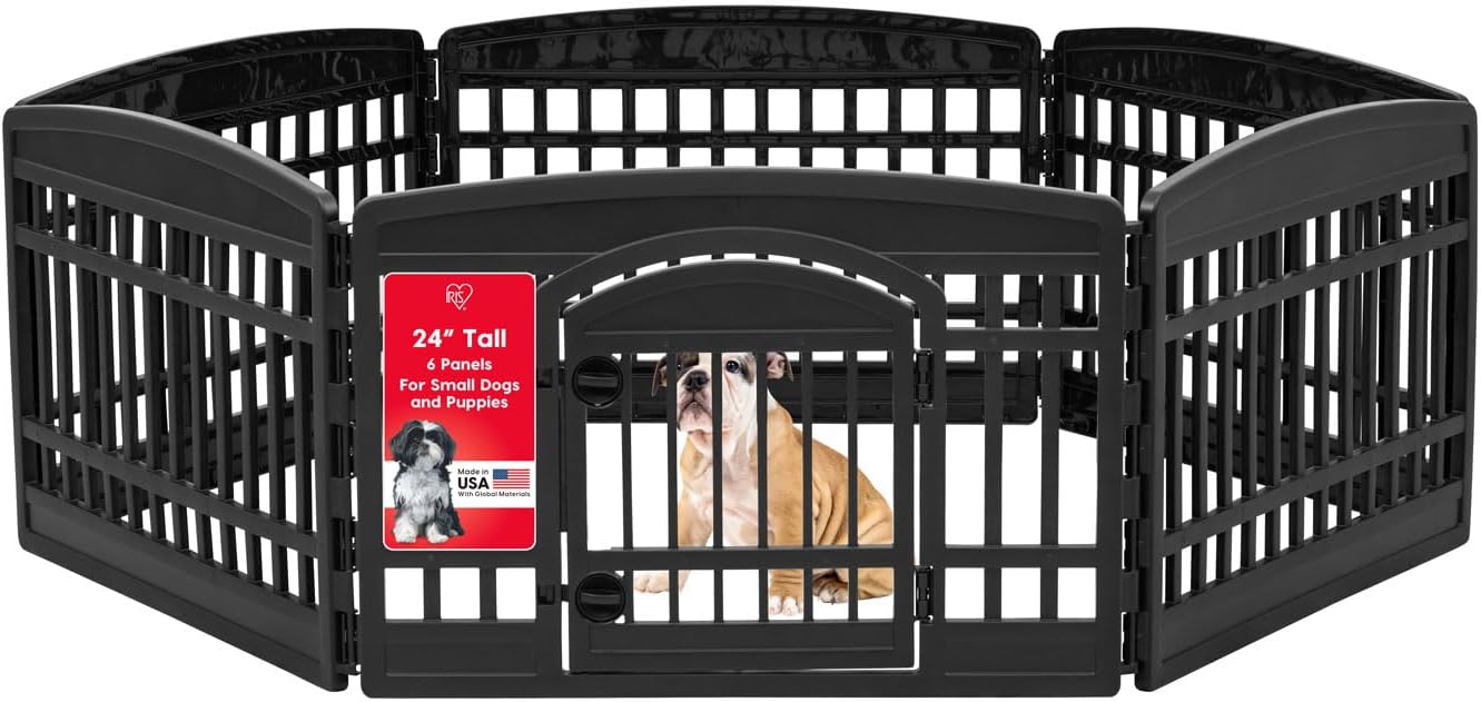 IRIS USA 24" 6-Panel Dog Playpen with Door, 61 x 61 x 24, Puppy Playpen, Dog Play Pen Indoors, Pet Fence, Puppies/Small Dogs, Black