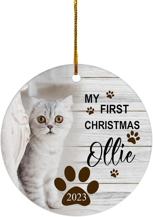 FLOCHIL Personalized Cat Christmas Ornaments Custom Photo Name for Christmas Trees, Cat First Christmas Ornaments, Gifts for Pet Lovers