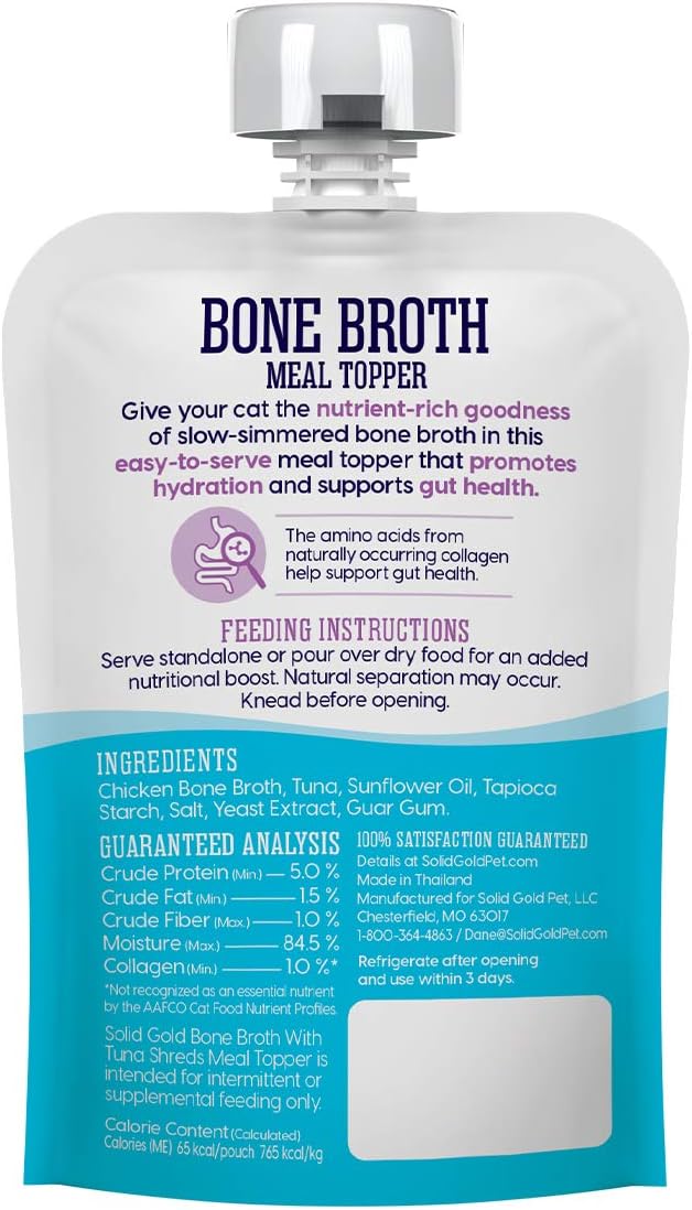Solid Gold Bone Broth Cat Food Topper - Lickable Wet Cat Food with Protein Shreds for Hydration - Easy to Serve Wet Cat Food Gravy Bone Broth for Cats - Healthy Cat Snacks Treats - Tuna - Single