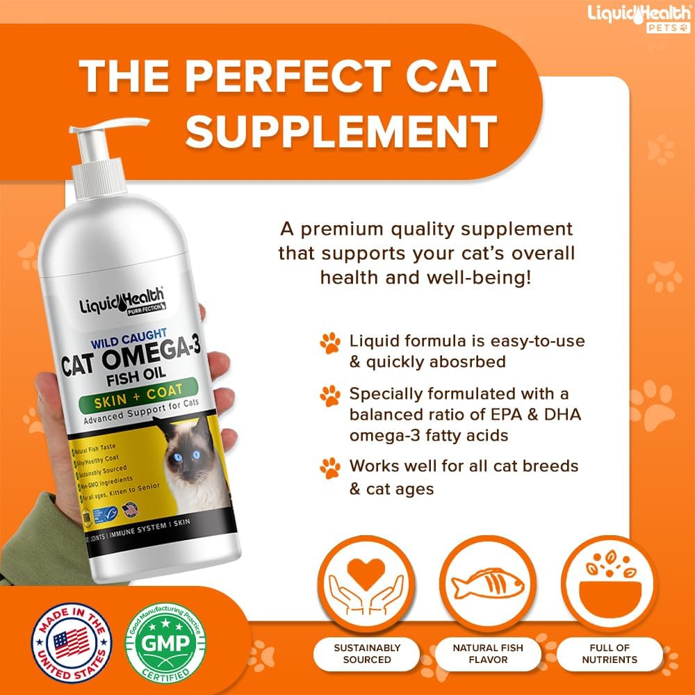 Liquid Health Pets Wild Caught Omega 3 Fish Oil for Cats - Liquid Omega 3 Supplement for Cats with EPA+DPA+DHA - Reduce Itching, Support Joint, Immunity, Brain, Heart Health - Made in The USA (8 oz)