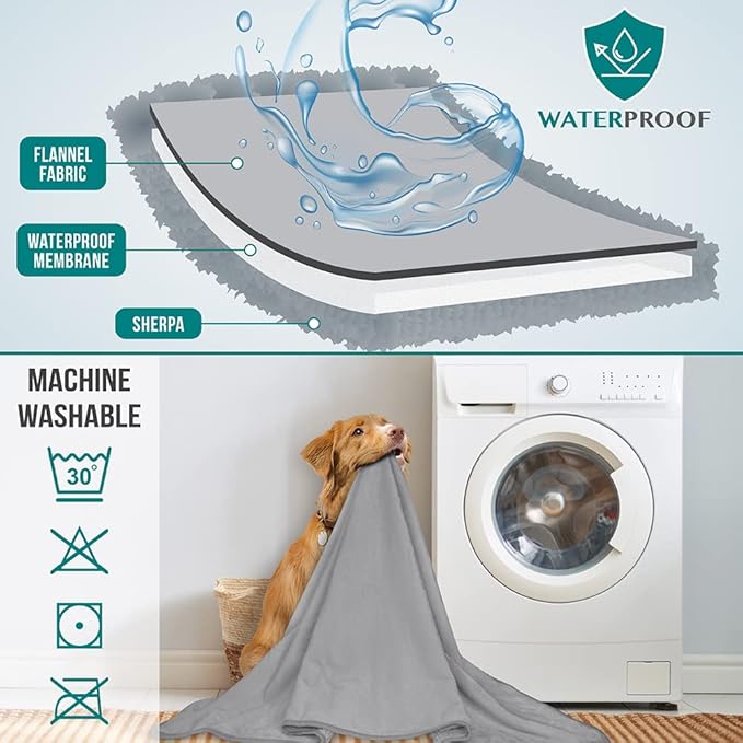 PetAmi Waterproof Dog & Cat Blanket, Pee Proof for Couch, Reversible, Soft Fleece, Washable, 40x60 Light Gray